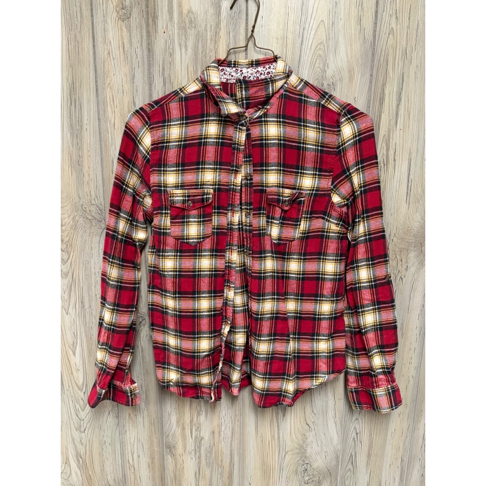 Passport Womens Red Plaid Flannel Button Down Shirt Size L Floral Trim Cotton
